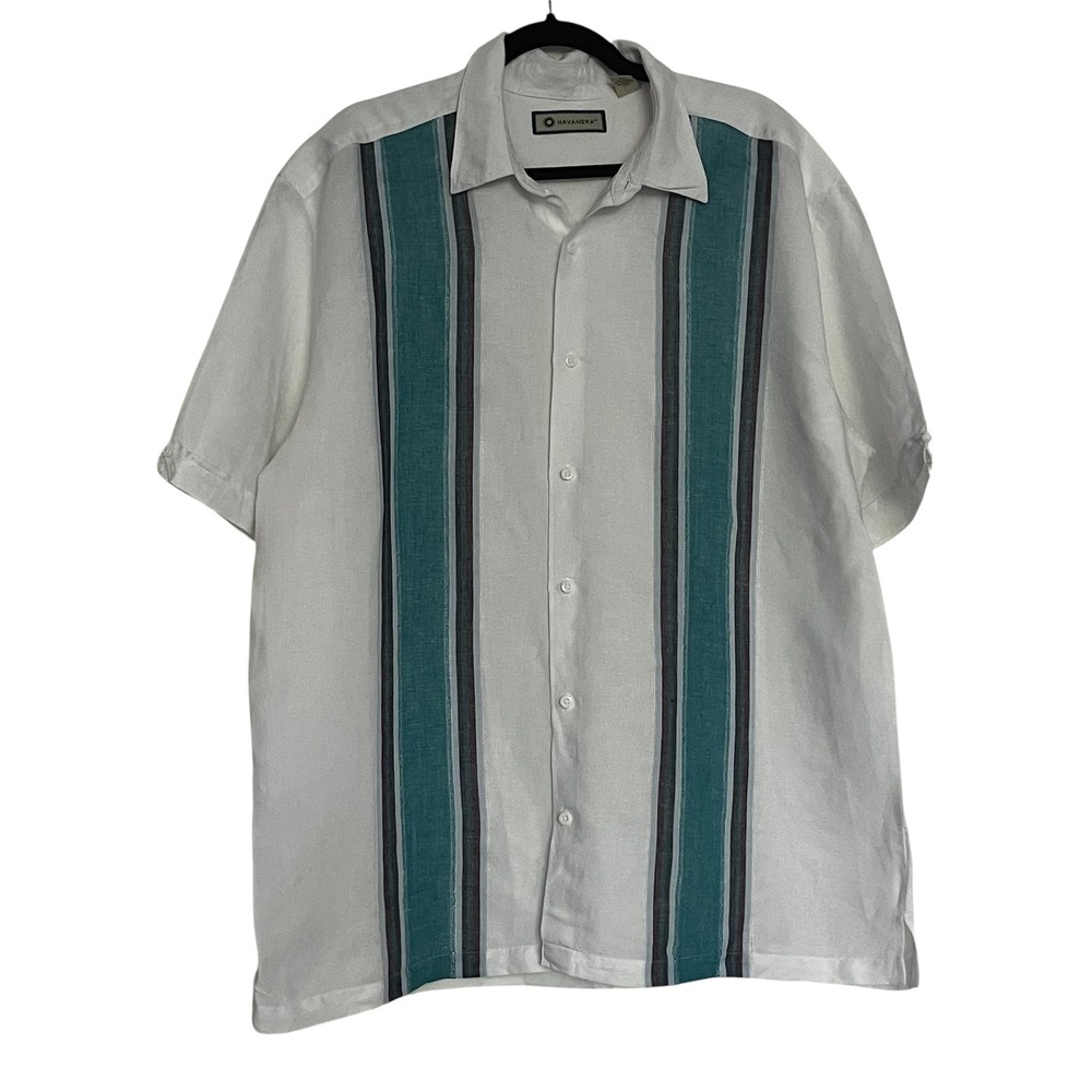 Havanera Men short sleeve Linen blend button down shirt White Blue Sz XL